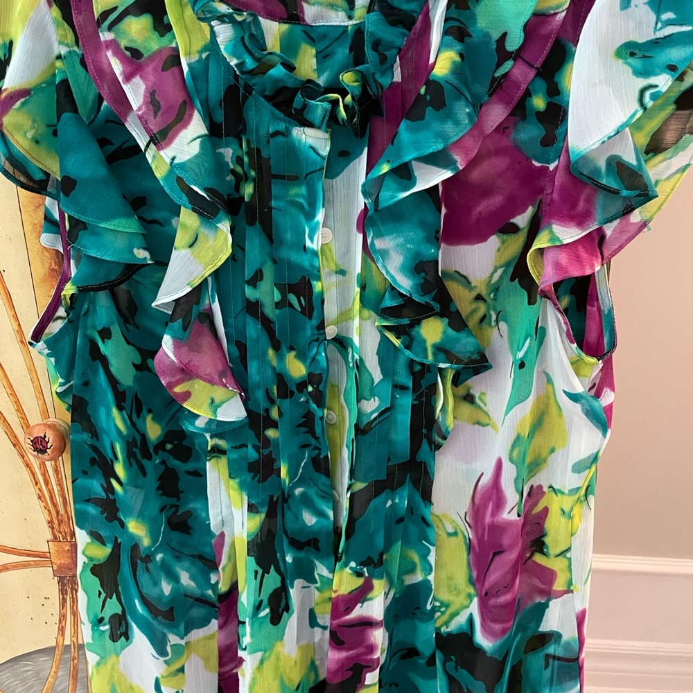 Floral Ruffle Blouse in Teal and Purple